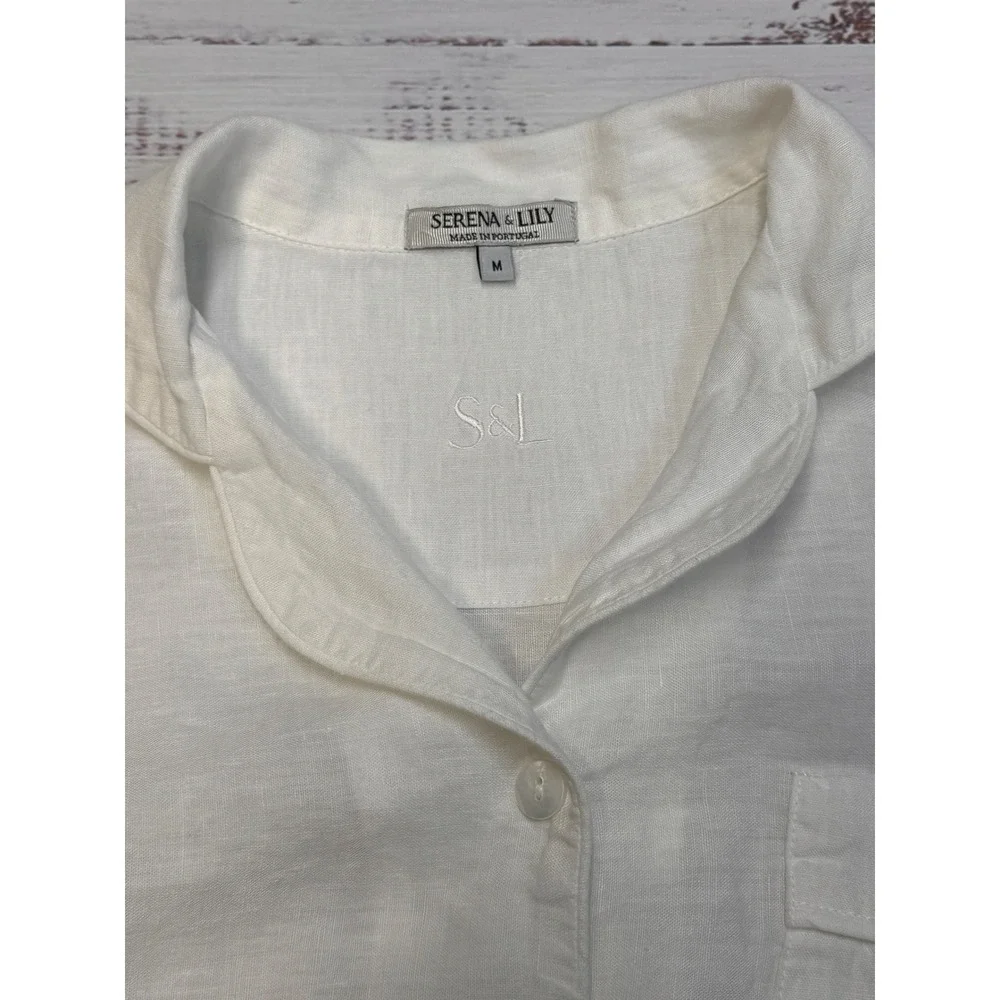 Serena Lily‎ White Linen Pajama Shirt Top Button Front Long Sleeve Size Medium